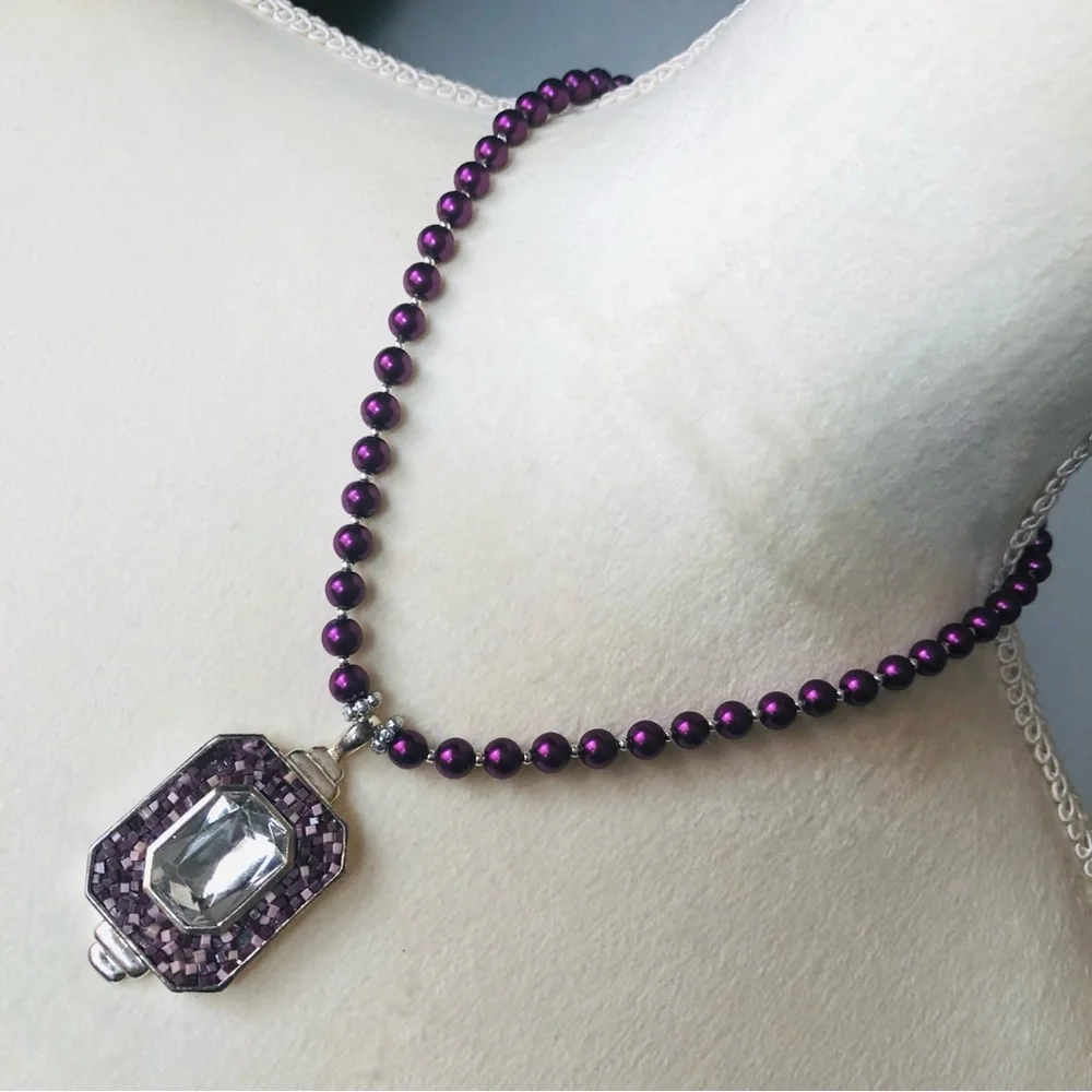 Handcrafted repurpose vintage mosaic pendant Czech glass Pearl necklace